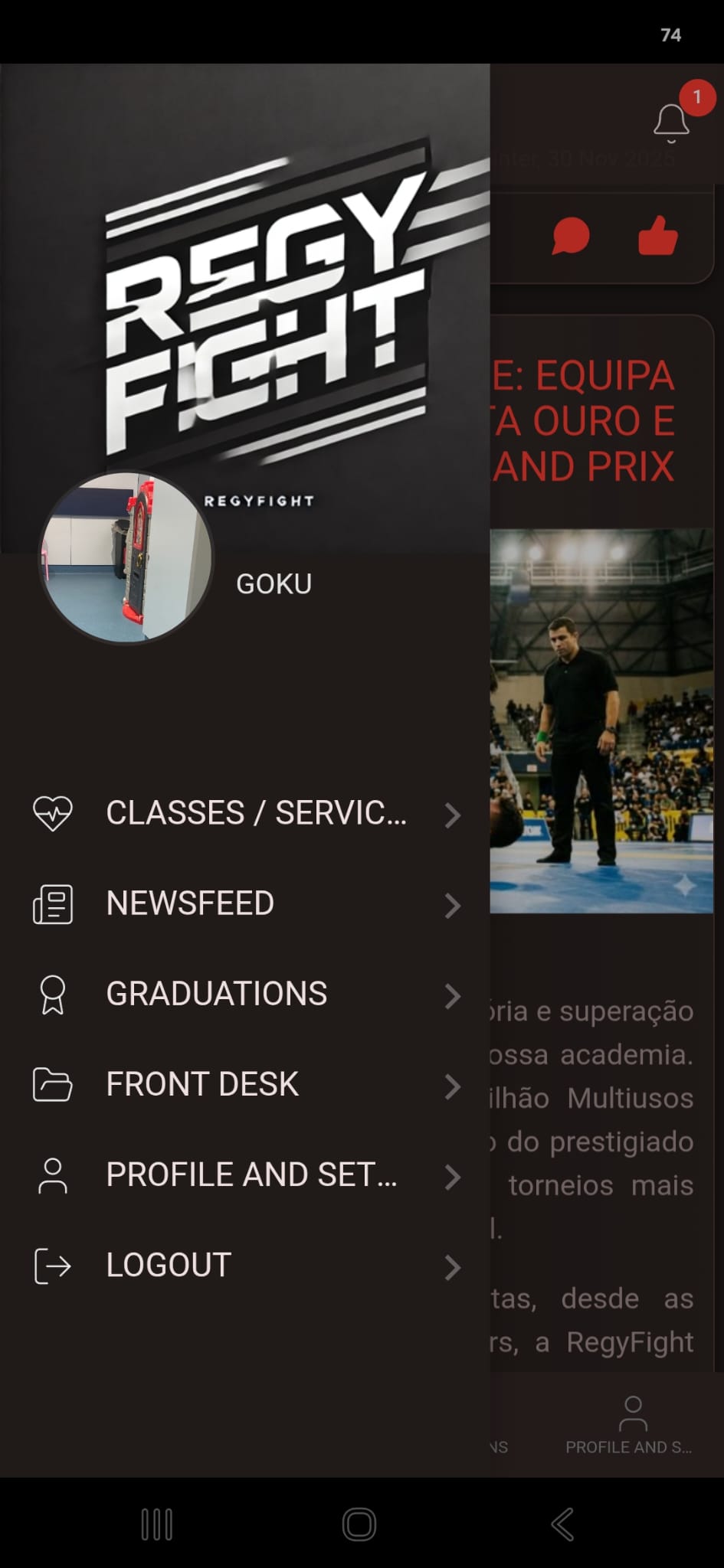 Screenshot da app — menu do atleta